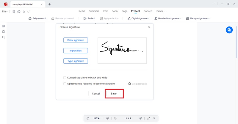 finalize the signature and save