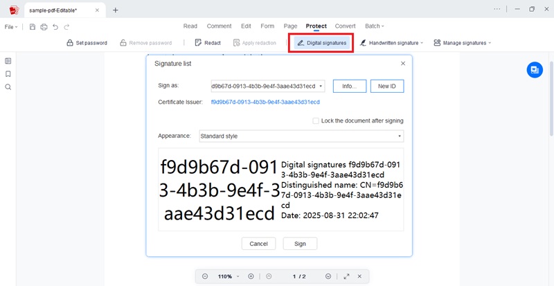 insert a digital signature