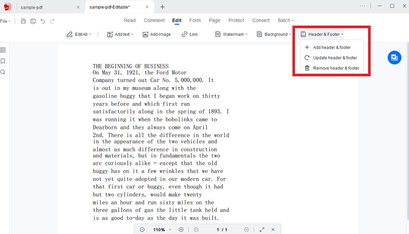 open the header and footer tool