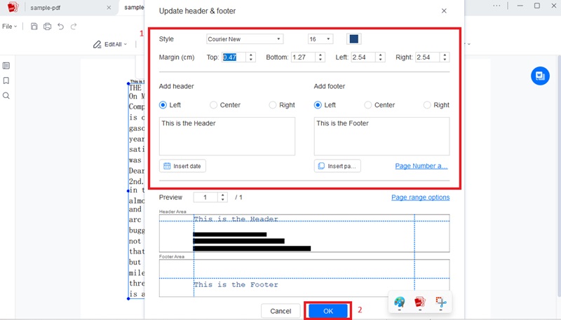 user or type over header or footer content