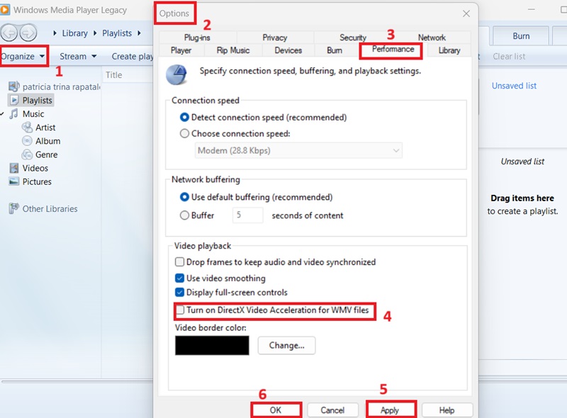 windows media player performance settings